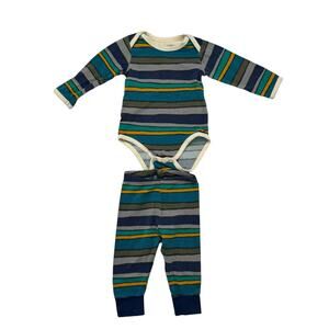 PACT Organic Stripe Bodysuit Pants Set 3-6 Months Blue Green Gray Long Sleeve